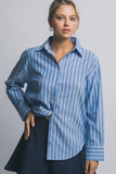 ..Linen blended Button Down Stripe Shirt: Blue-194221 / M