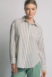 ..Linen blended Button Down Stripe Shirt: Olive-194222 / M
