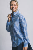 ..Linen blended Button Down Stripe Shirt: Blue-194221 / S
