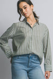 ..Linen blended Button Down Stripe Shirt: Blue-194221 / M