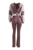 Color block hoodie & flare pants set: BROWN COMBO / M