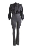 Color block hoodie & flare pants set: BROWN COMBO / S