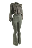 Color block hoodie & flare pants set: BROWN COMBO / S