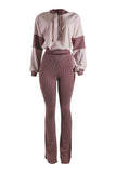 Color block hoodie & flare pants set: BROWN COMBO / S