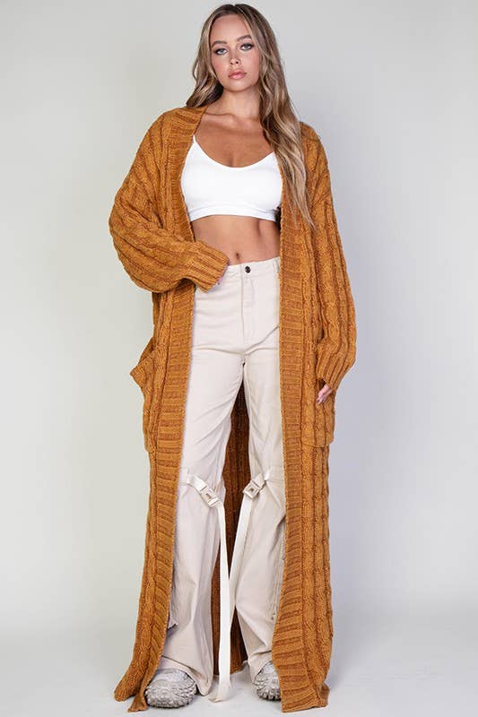 Camel Cardigan Cable Knit Maxi Sweater