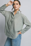 ..Linen blended Button Down Stripe Shirt: Blue-194221 / L