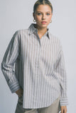 ..Linen blended Button Down Stripe Shirt: Blue-194221 / M