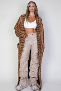 Grey Mix Cardigan Cable Knit Maxi Sweater